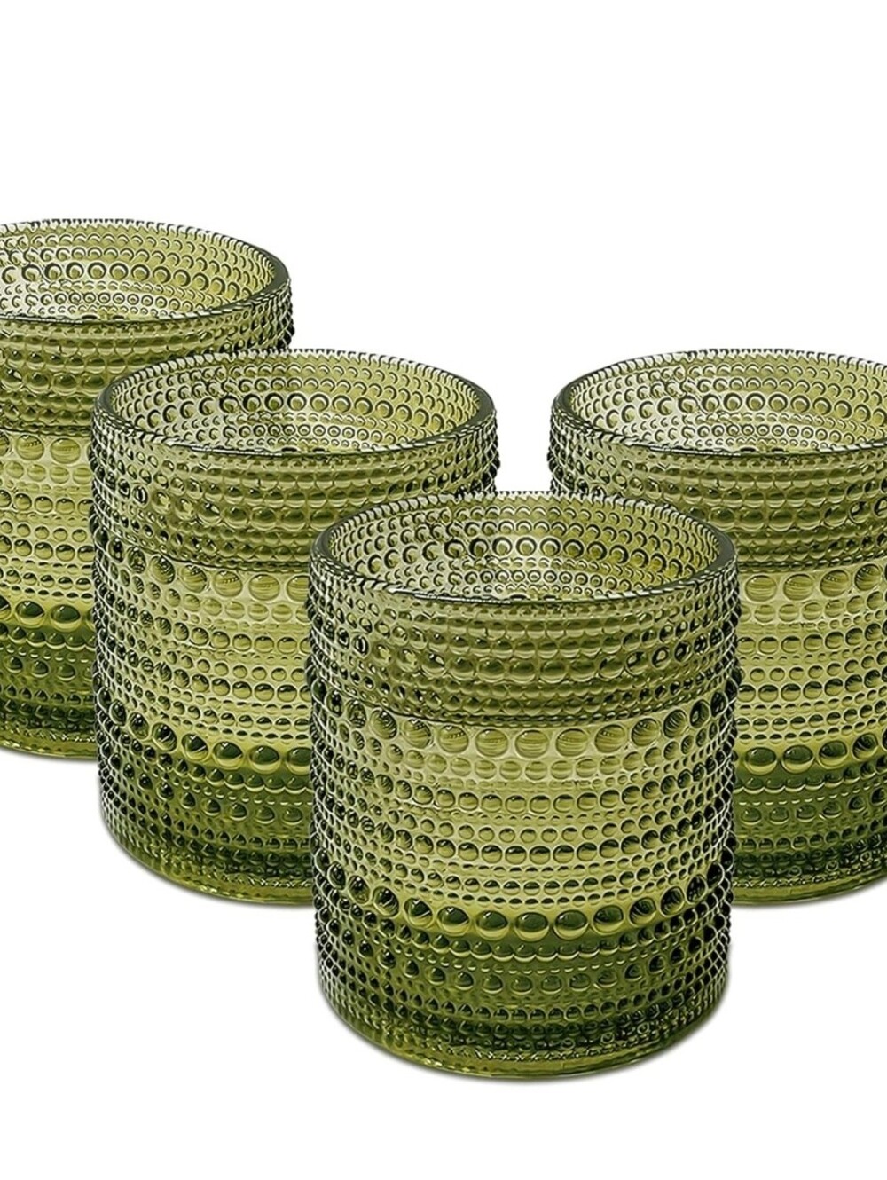 Vintage Pressed Green Hobnail Beaded Double Old Fashioned Glasses Set Of 4